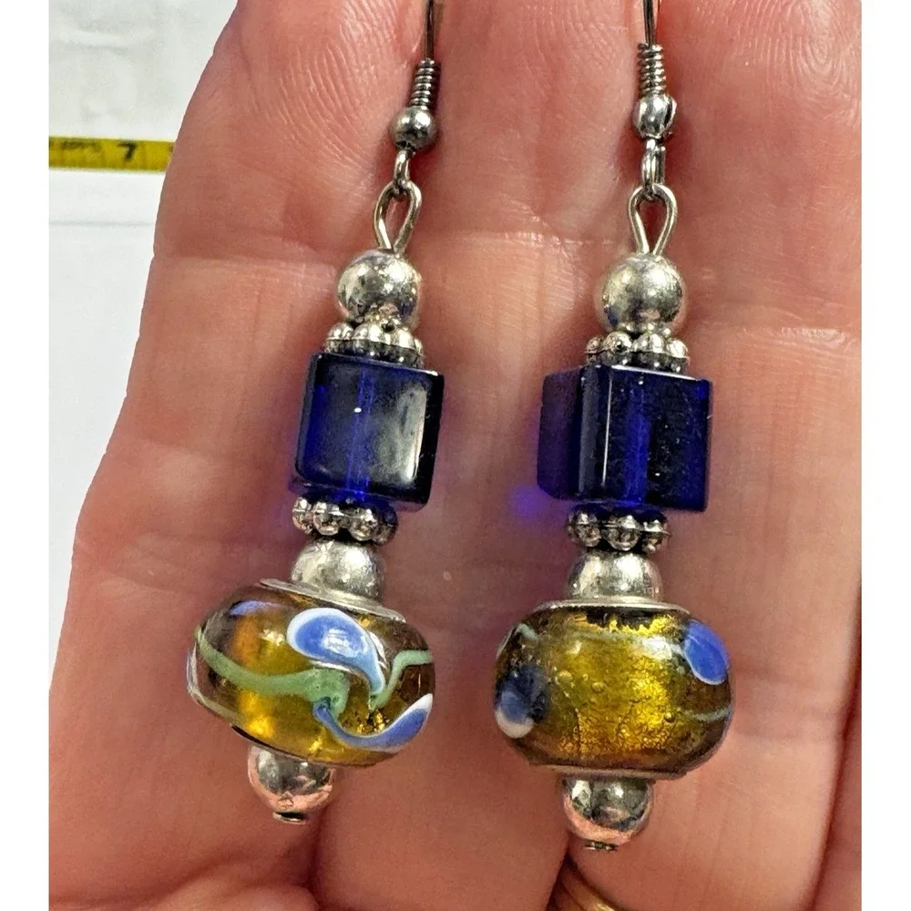 Artisan Lampwork Glass Drop Earrings Blue Gold Swirl Cube Bead Boho Dangle 2 In